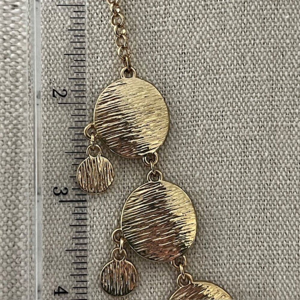 Brushed Gold Medallion Bib Fringe Statement Necklace - Picture 3 of 4
